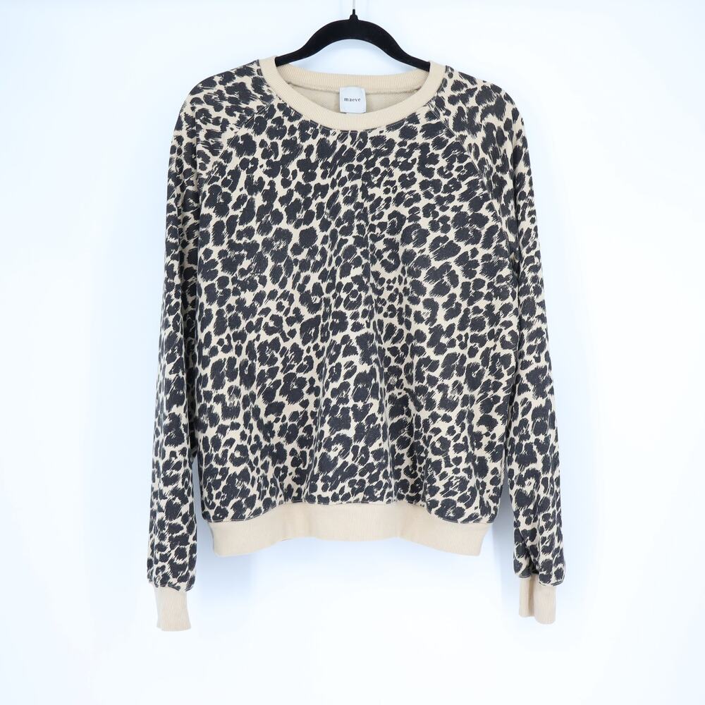 MAEVE Leopard Print Pullover Sweatshirt Beige Black Crew Neck Women's S
